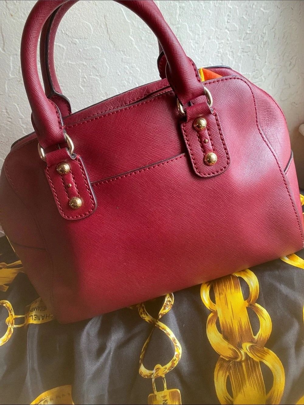 Michael Kors Wine Saffiano Leather Satchel with Gold Hardware